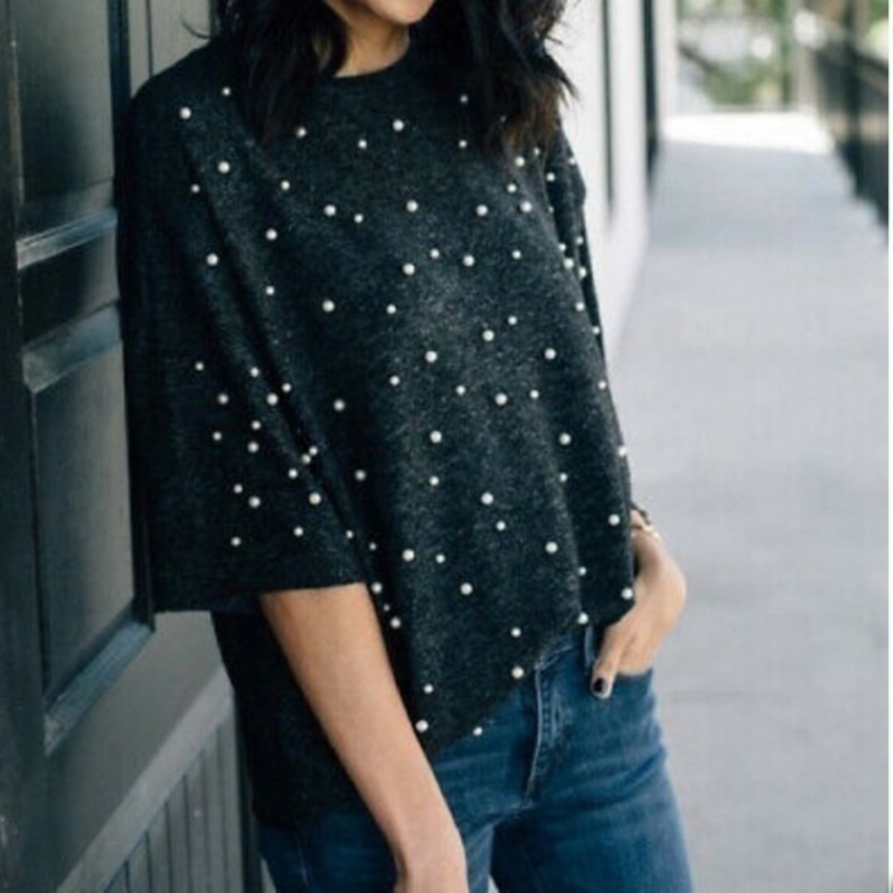 Zara Soft Touch Sweater With Faux Pearls top blouse
